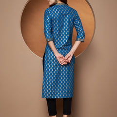 Poshak Hub Women Cotton Turquoise Gold Print Staright Kurta
