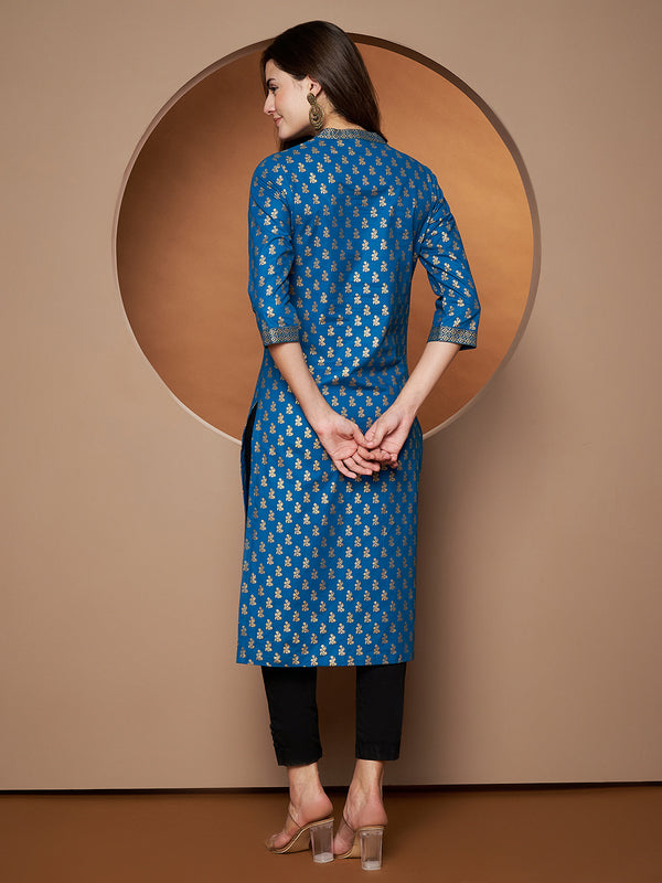 Poshak Hub Women Cotton Turquoise Gold Print Staright Kurta