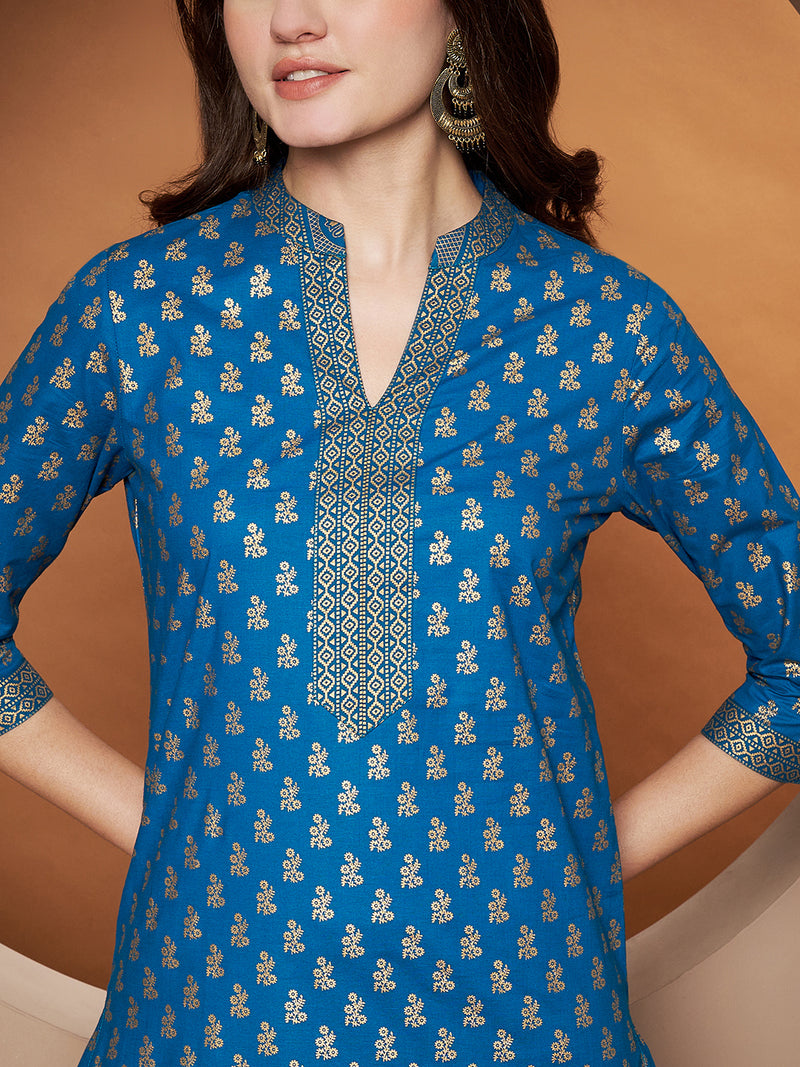 Poshak Hub Women Cotton Turquoise Gold Print Staright Kurta