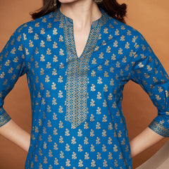 Poshak Hub Women Cotton Turquoise Gold Print Staright Kurta