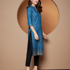 Poshak Hub Women Cotton Turquoise Gold Print Staright Kurta