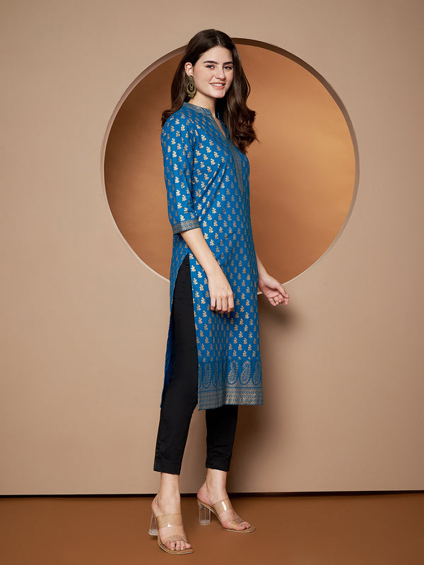 Poshak Hub Women Cotton Turquoise Gold Print Staright Kurta