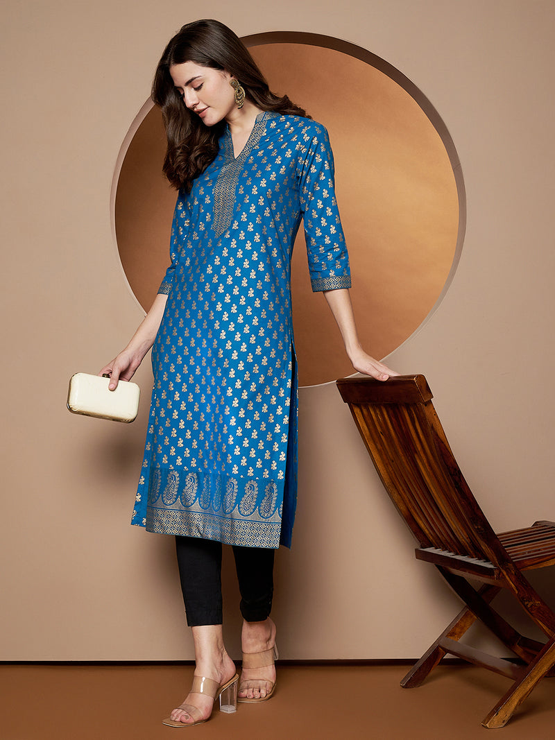 Poshak Hub Women Cotton Turquoise Gold Print Staright Kurta