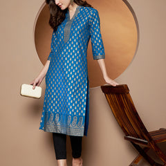 Poshak Hub Women Cotton Turquoise Gold Print Staright Kurta