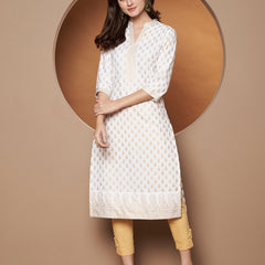 Poshak Hub Women Cotton White Gold Print Staright Kurta