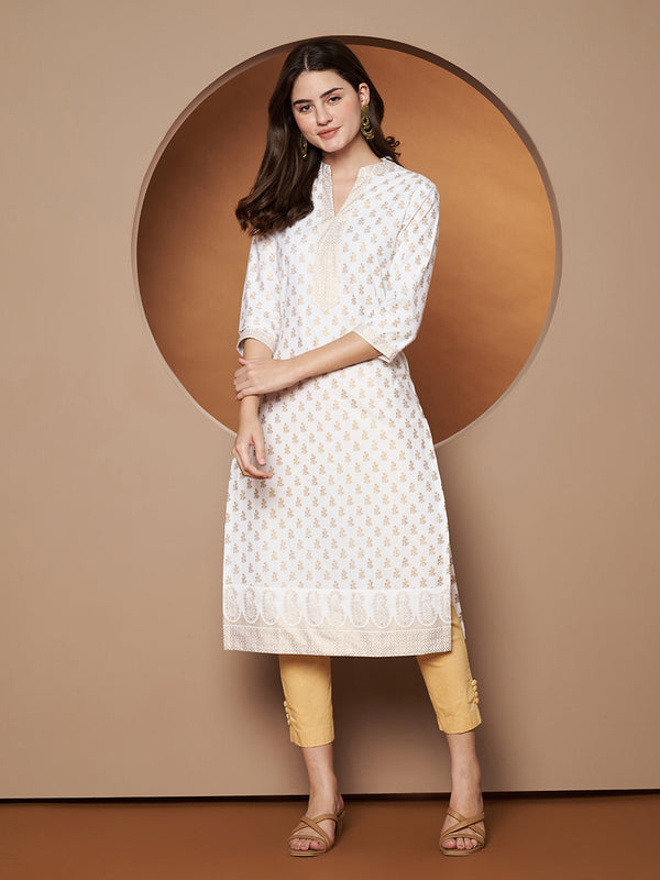 Poshak Hub Women Cotton White Gold Print Staright Kurta