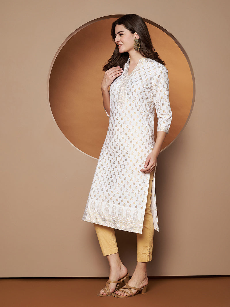 Poshak Hub Women Cotton White Gold Print Staright Kurta