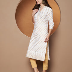Poshak Hub Women Cotton White Gold Print Staright Kurta