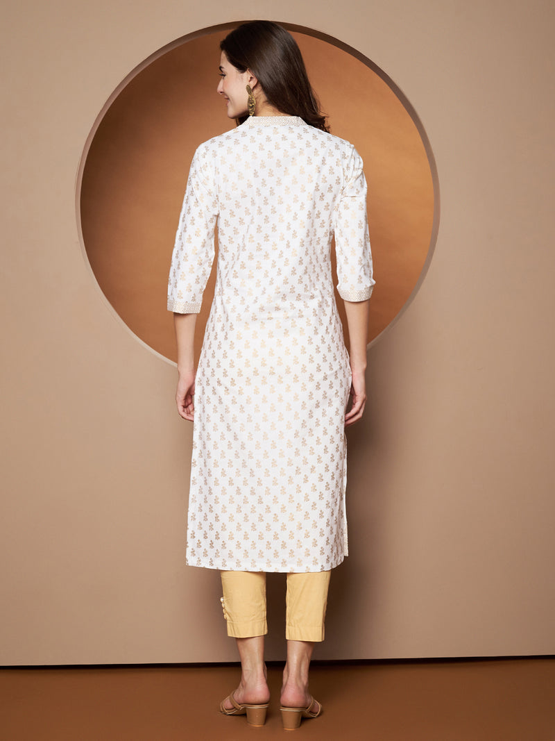 Poshak Hub Women Cotton White Gold Print Staright Kurta