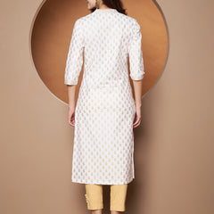 Poshak Hub Women Cotton White Gold Print Staright Kurta