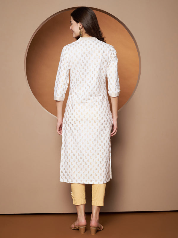 Poshak Hub Women Cotton White Gold Print Staright Kurta