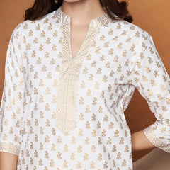 Poshak Hub Women Cotton White Gold Print Staright Kurta