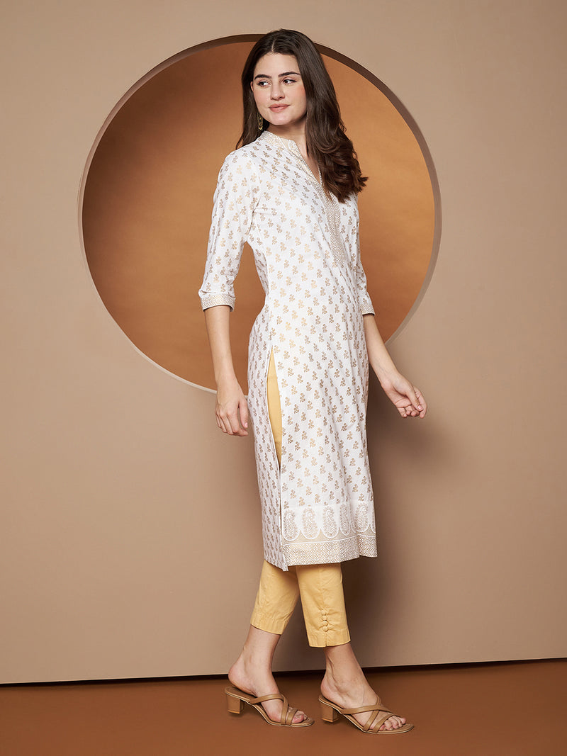 Poshak Hub Women Cotton White Gold Print Staright Kurta