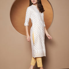 Poshak Hub Women Cotton White Gold Print Staright Kurta