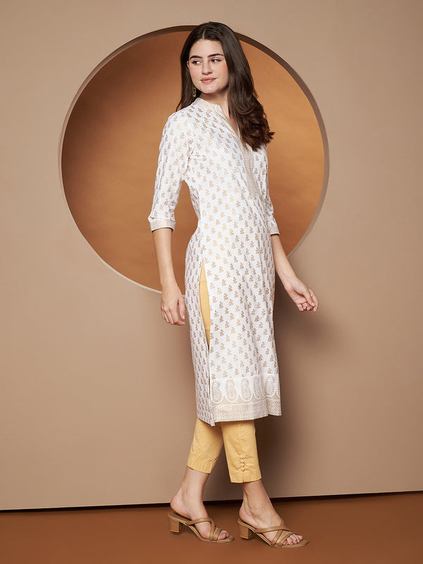 Poshak Hub Women Cotton White Gold Print Staright Kurta