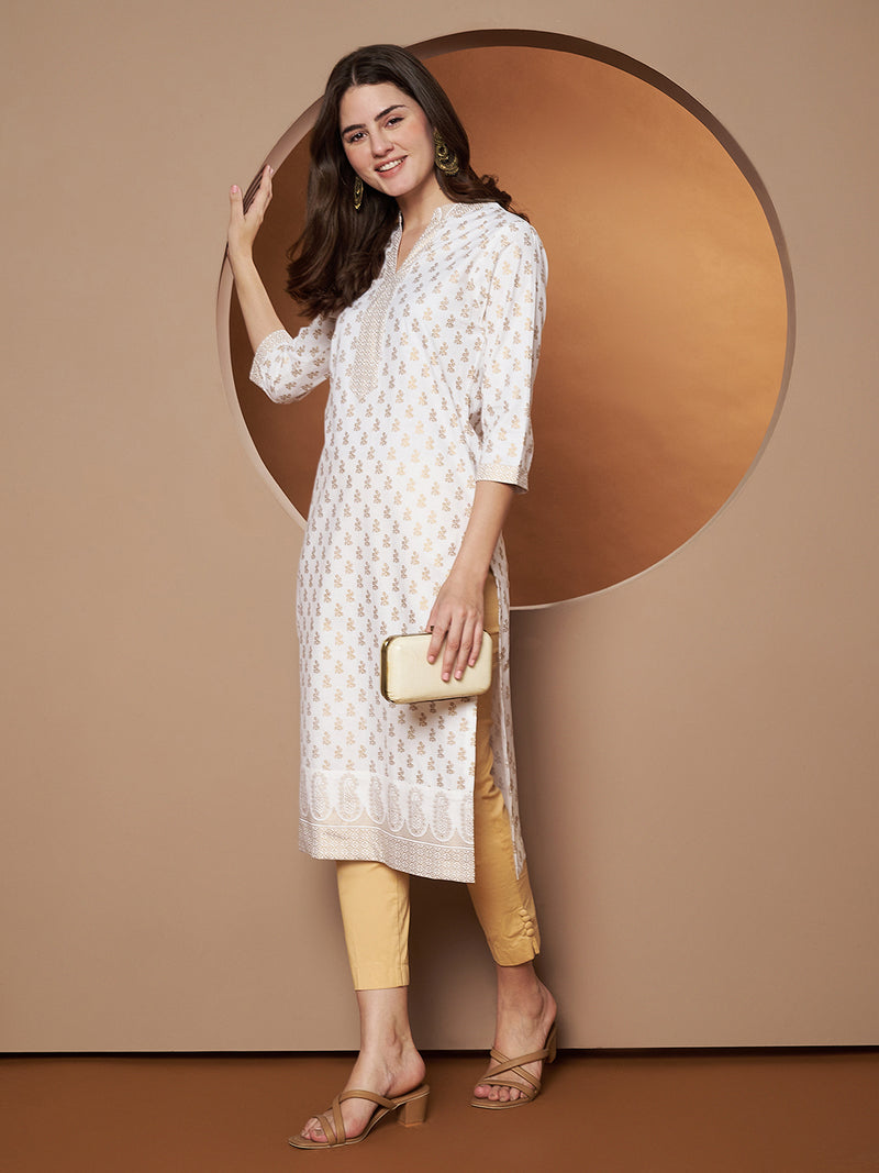 Poshak Hub Women Cotton White Gold Print Staright Kurta