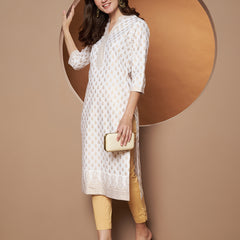 Poshak Hub Women Cotton White Gold Print Staright Kurta