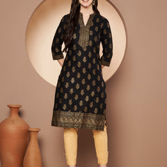 Poshak Hub Women Cotton Black Gold Print Staright Kurta