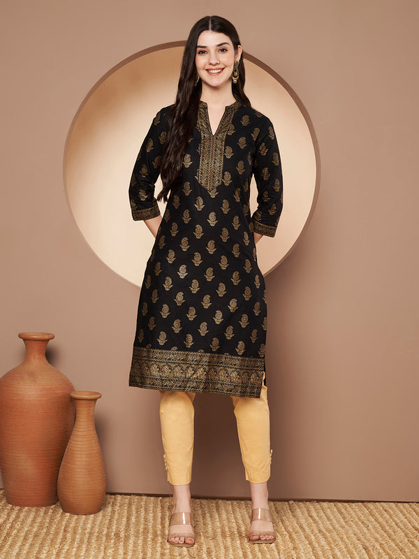 Poshak Hub Women Cotton Black Gold Print Staright Kurta