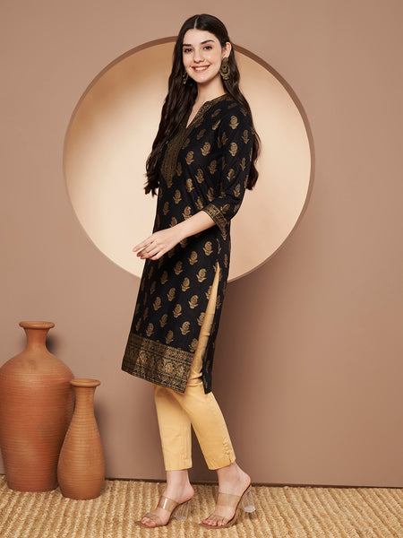 Poshak Hub Women Cotton Black Gold Print Staright Kurta