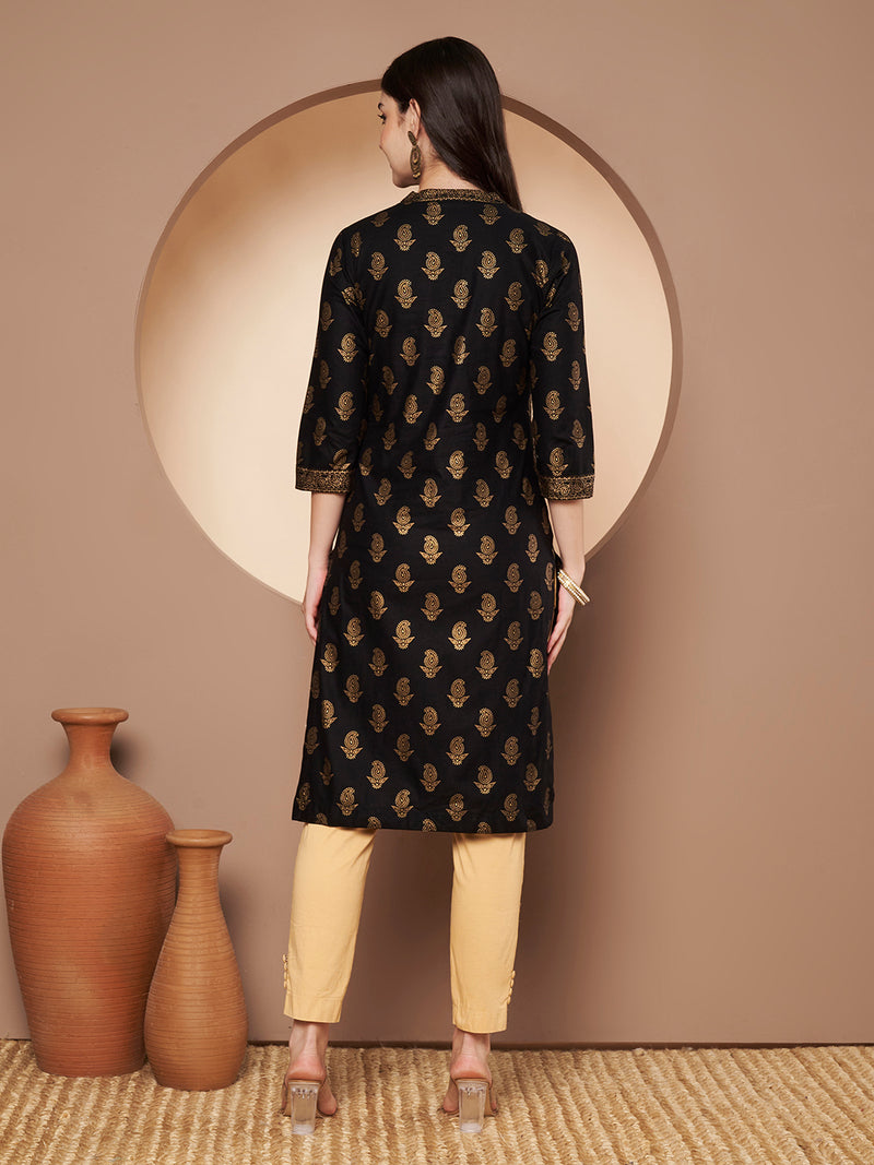 Poshak Hub Women Cotton Black Gold Print Staright Kurta