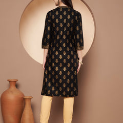 Poshak Hub Women Cotton Black Gold Print Staright Kurta