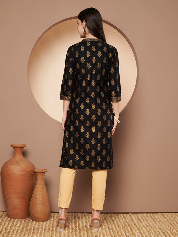Poshak Hub Women Cotton Black Gold Print Staright Kurta