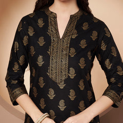 Poshak Hub Women Cotton Black Gold Print Staright Kurta