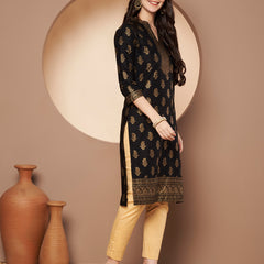Poshak Hub Women Cotton Black Gold Print Staright Kurta