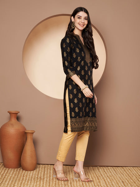Poshak Hub Women Cotton Black Gold Print Staright Kurta