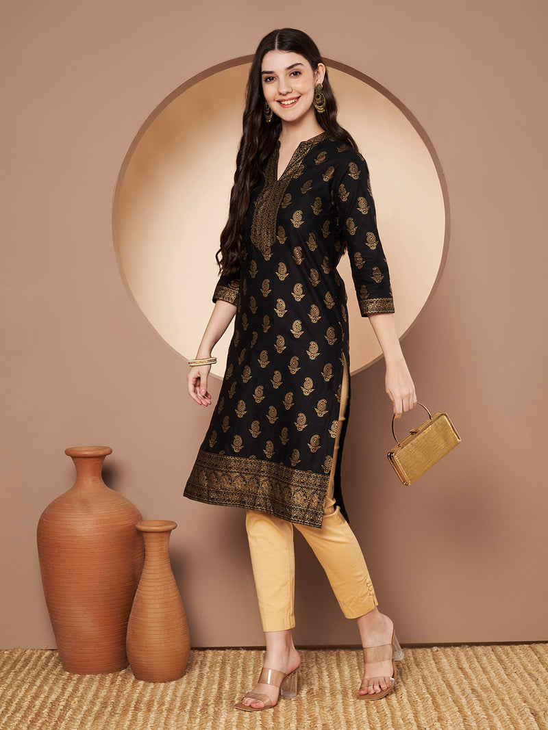 Poshak Hub Women Cotton Black Gold Print Staright Kurta