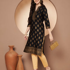 Poshak Hub Women Cotton Black Gold Print Staright Kurta