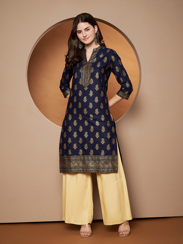 Poshak Hub Women Cotton Blue Gold Print Staright Kurta