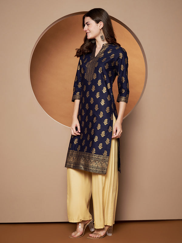 Poshak Hub Women Cotton Blue Gold Print Staright Kurta