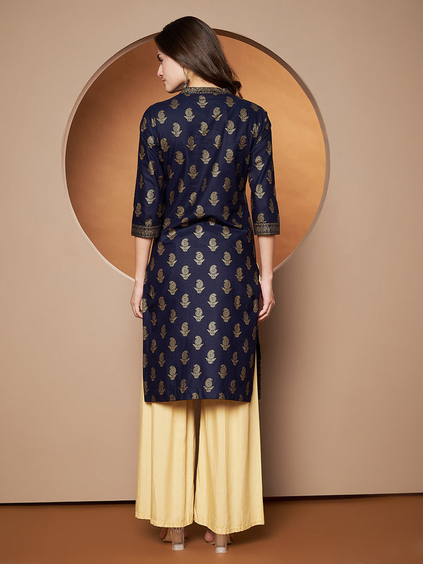Poshak Hub Women Cotton Blue Gold Print Staright Kurta