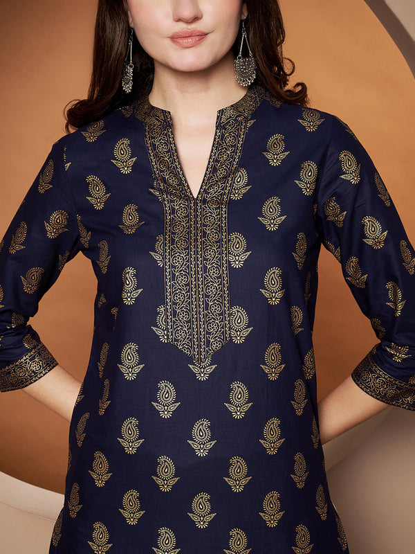 Poshak Hub Women Cotton Blue Gold Print Staright Kurta