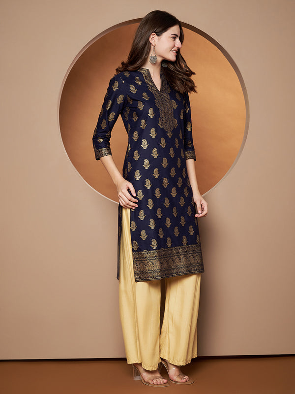 Poshak Hub Women Cotton Blue Gold Print Staright Kurta