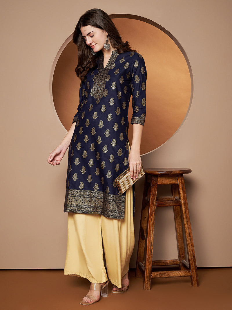 Poshak Hub Women Cotton Blue Gold Print Staright Kurta