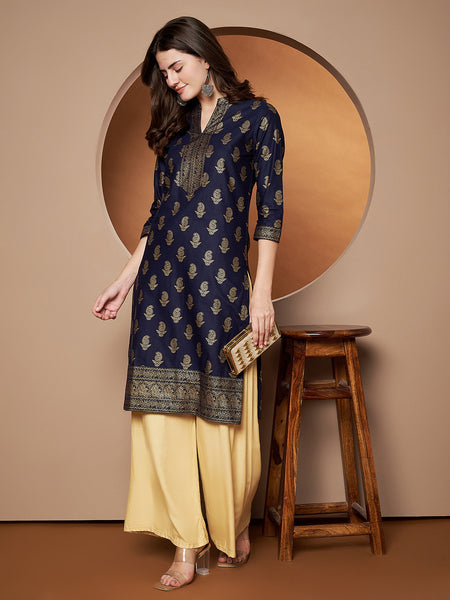 Poshak Hub Women Cotton Blue Gold Print Staright Kurta