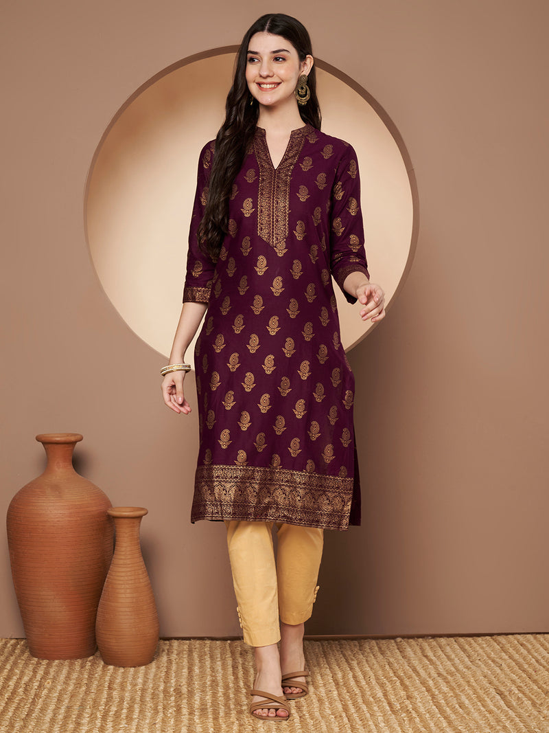 Poshak Hub Women Cotton Purple Gold Print Staright Kurta
