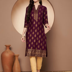 Poshak Hub Women Cotton Purple Gold Print Staright Kurta
