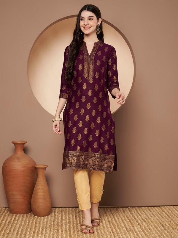 Poshak Hub Women Cotton Purple Gold Print Staright Kurta