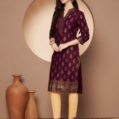 Poshak Hub Women Cotton Purple Gold Print Staright Kurta