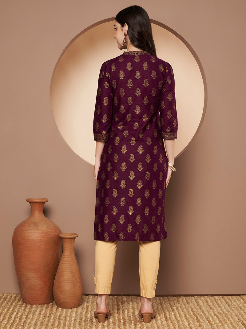 Poshak Hub Women Cotton Purple Gold Print Staright Kurta