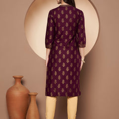 Poshak Hub Women Cotton Purple Gold Print Staright Kurta