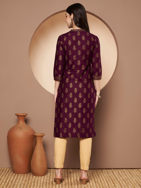 Poshak Hub Women Cotton Purple Gold Print Staright Kurta