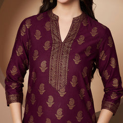Poshak Hub Women Cotton Purple Gold Print Staright Kurta