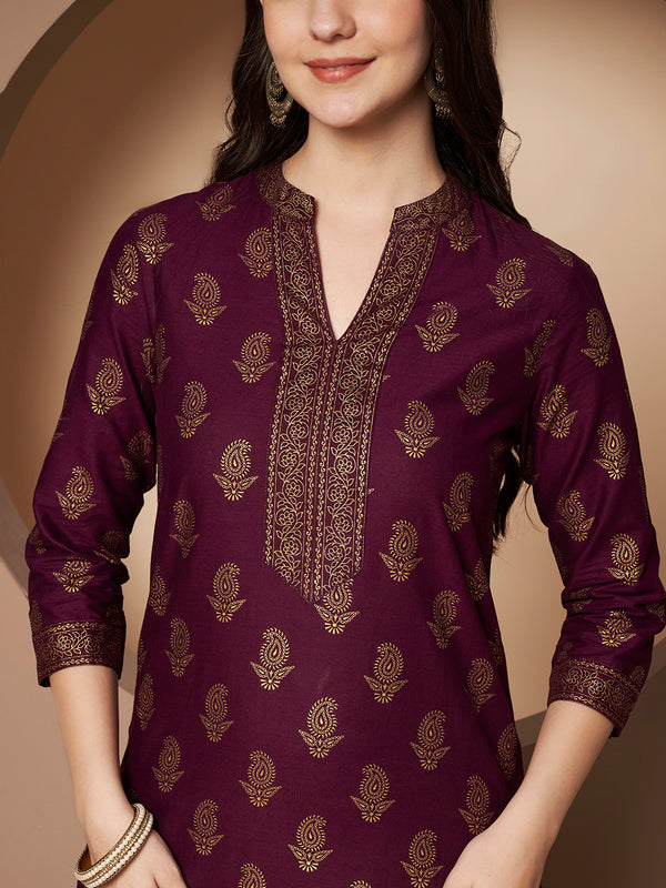 Poshak Hub Women Cotton Purple Gold Print Staright Kurta