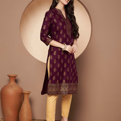 Poshak Hub Women Cotton Purple Gold Print Staright Kurta