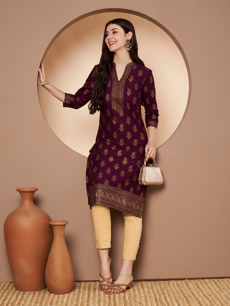Poshak Hub Women Cotton Purple Gold Print Staright Kurta